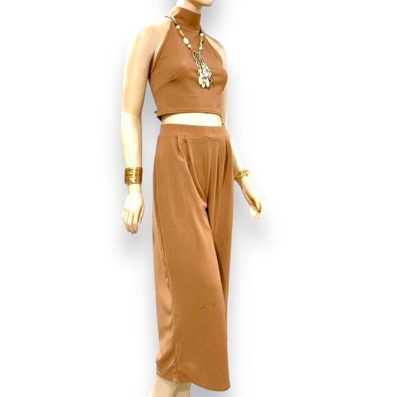 Tan Crop Top & High Waist Wide Leg Cropped Pants Outfit Sets NEW - Picture 4 of 5